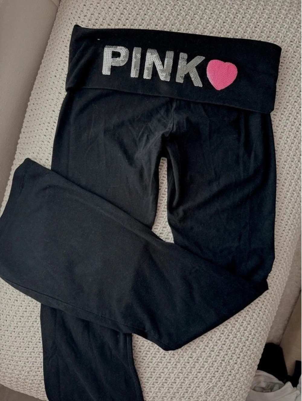 Victoria’s Secret pink black sequin bling fold over wide leg leggings pants y2k